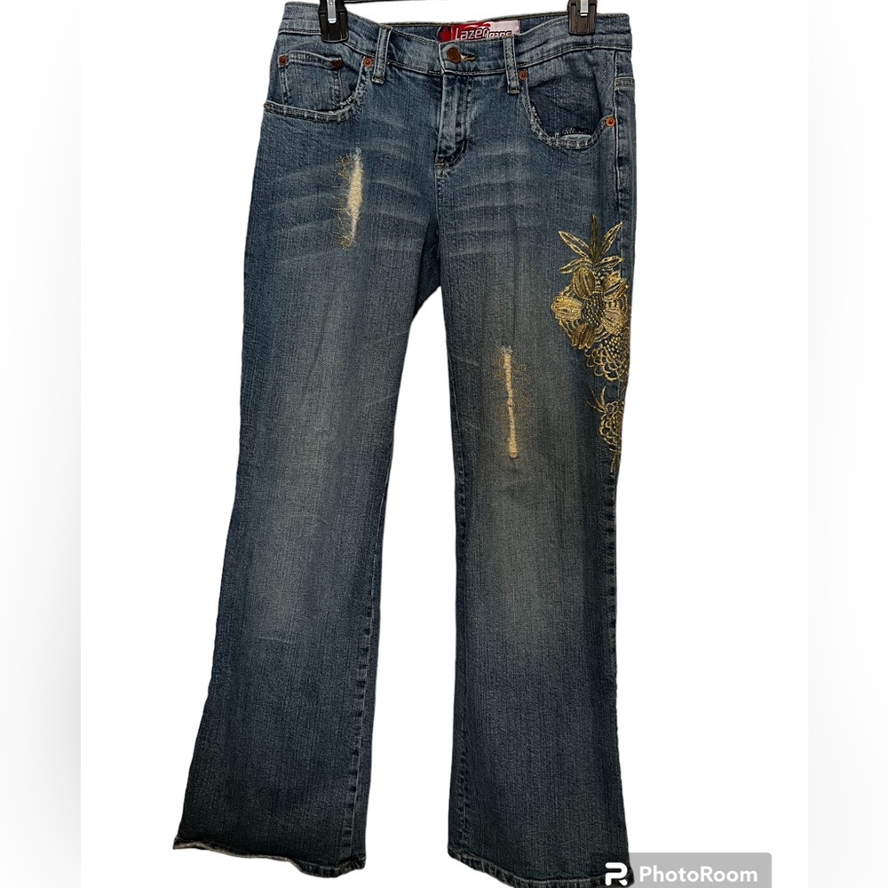 Jeans Denim with gold embroidery. Boot cut. EUC. Size 9